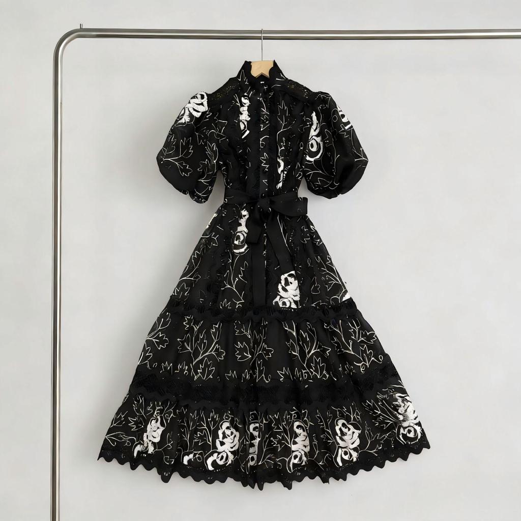 Lace Stand Collar Embroidered Patchwork Puff Sleeve Dress