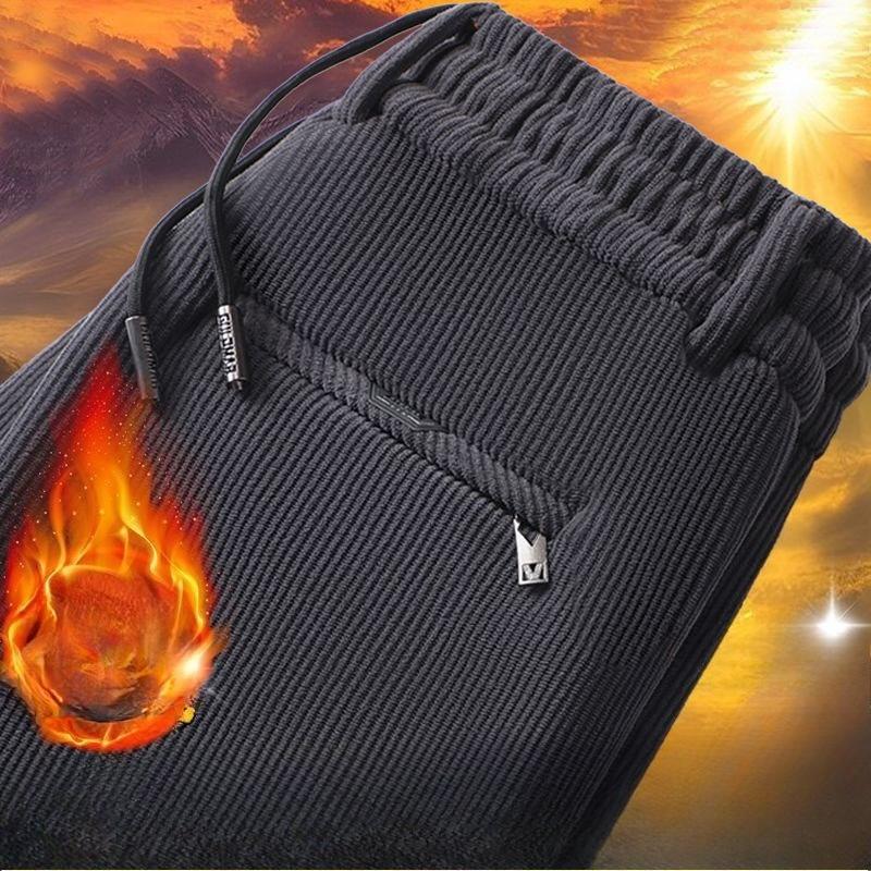 Men's Autumn Winter Fleece Lined Thickened Corduroy Casual Straight Leg Pants Loose Striped Long Pants for Middle-Aged Men