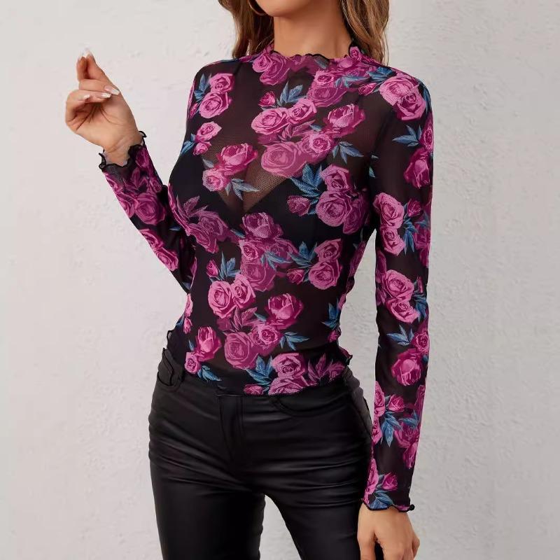 Women Elegant Floral Print Stand Collar Mesh Long Sleeve Pullover Top