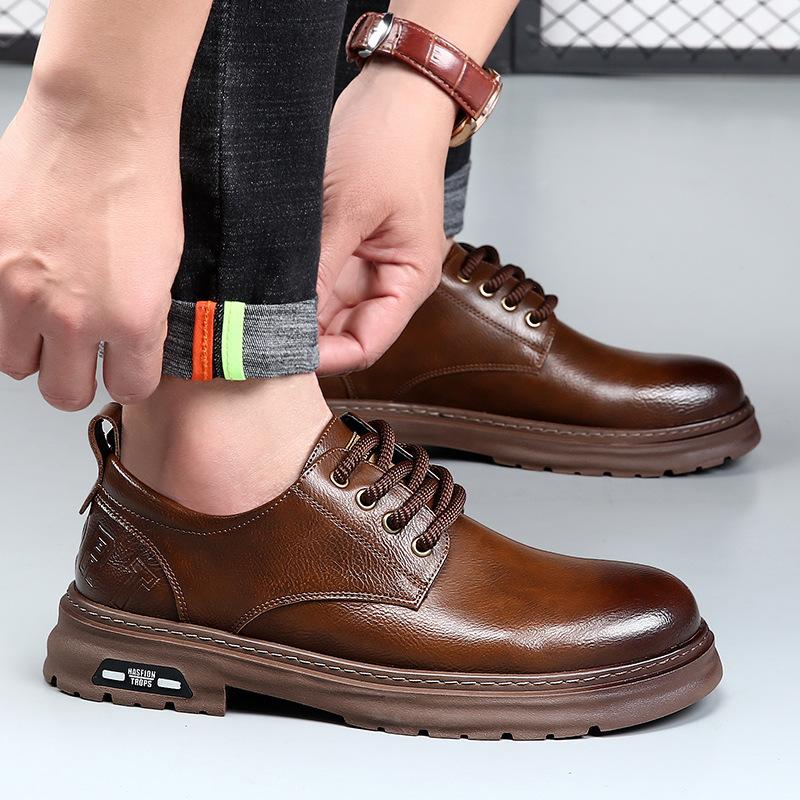 Spring Derby Shoes Men's Low Top Martin Boots Round Head Big Head Shoes Black Tooling Shoes Platform Casual Leather Shoes