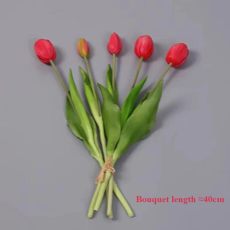 5pcs Artificial Flowers Soft Tulip Fake Flower Real Touch Home Garden Table Wedding Decoration Simulation 5-Head Tulips Bouquet