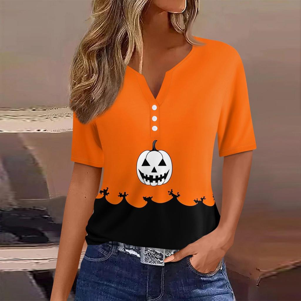 Women's T Shirt Tee Halloween Printed Button Short Sleeve Tunic Daily Weekend Fashion Basic V- Neck Regular Top