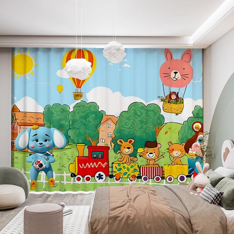 2Pcs Modern Simple Cartoon Cute Animals Bear Rabbit Star Ocean Star Boy Children's Room Decor Semi Blackout Curtain Grommet Top