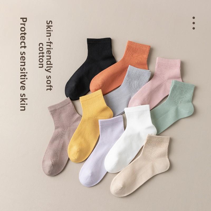 5 Pairs of Women's Summer Thin Pure Color Small Fresh Simple All Match Pure Cotton Deodorant Socks