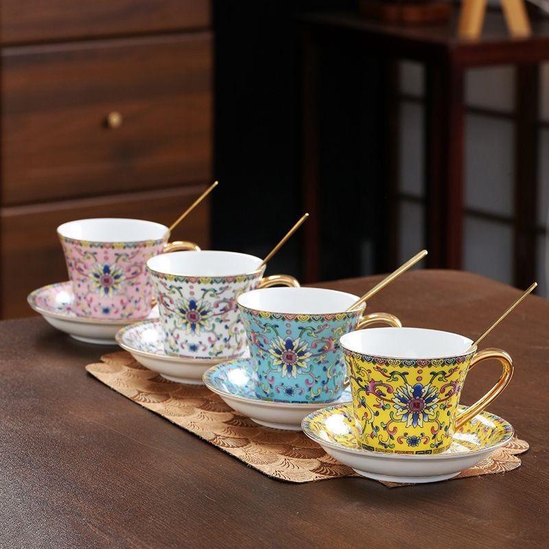 European Enamel Ceramic Coffee Cup & Saucer Set, Elegant Afternoon Tea Cup Set