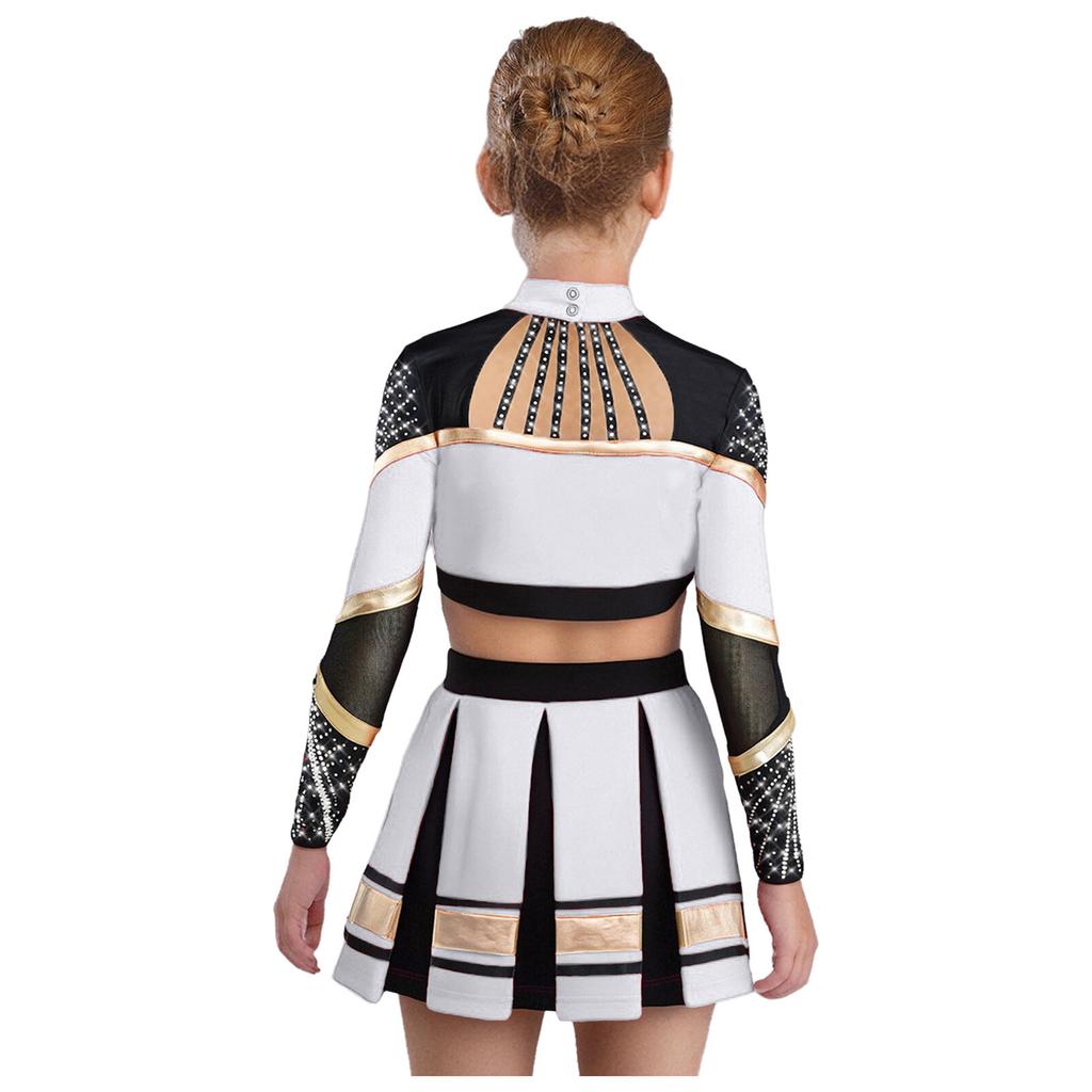 Bambina Ragazza Costume da Cheerleader 2 Pezzi Costume da Esibizione Manica Lunga Patchwork in Rete Trasparente Strass Color Block Crop Top con Gonna Pieghettata