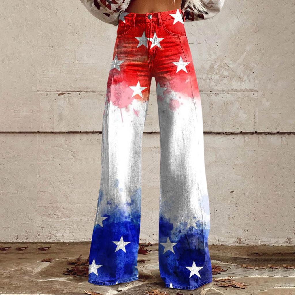 Wide Leg Flare Jeans For Women With Pockets Baggy Pants Vintage Floral Print High Waisted Loose Pant