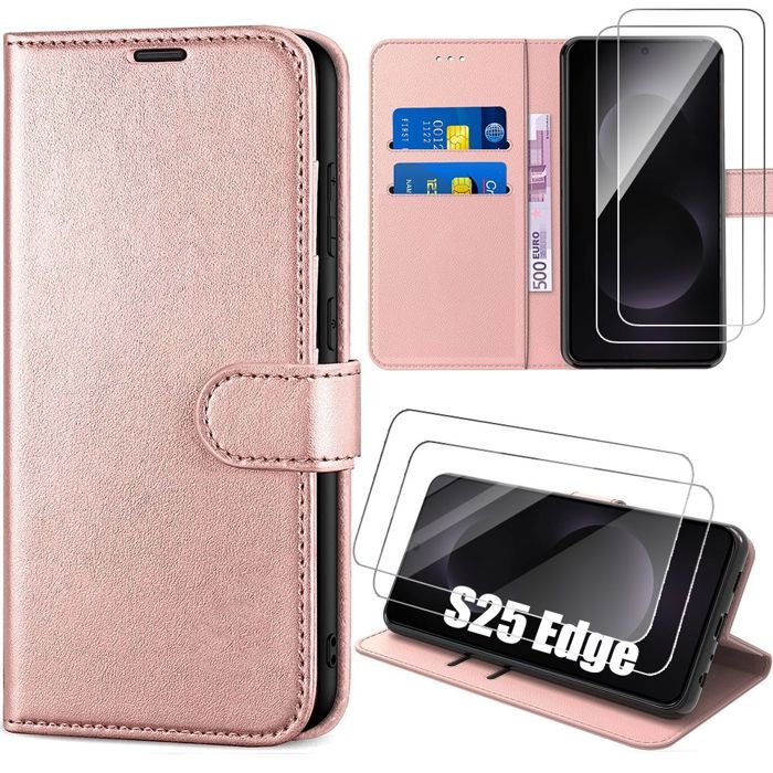Coque de protection - BOOLING - pour Samsung Galaxy S25 Edge - Effet Cuir Antichoc - Rose - 2 Verres Trempés