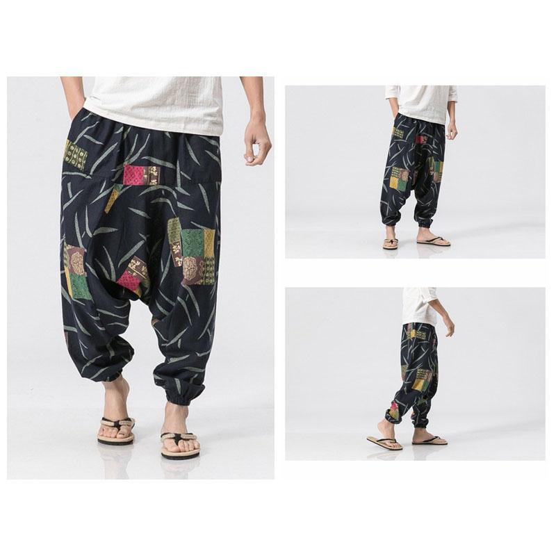 Casual Vintage Trousers Men Loose Baggy Long Pants Floral Print Wide Leg Pant Plus Size