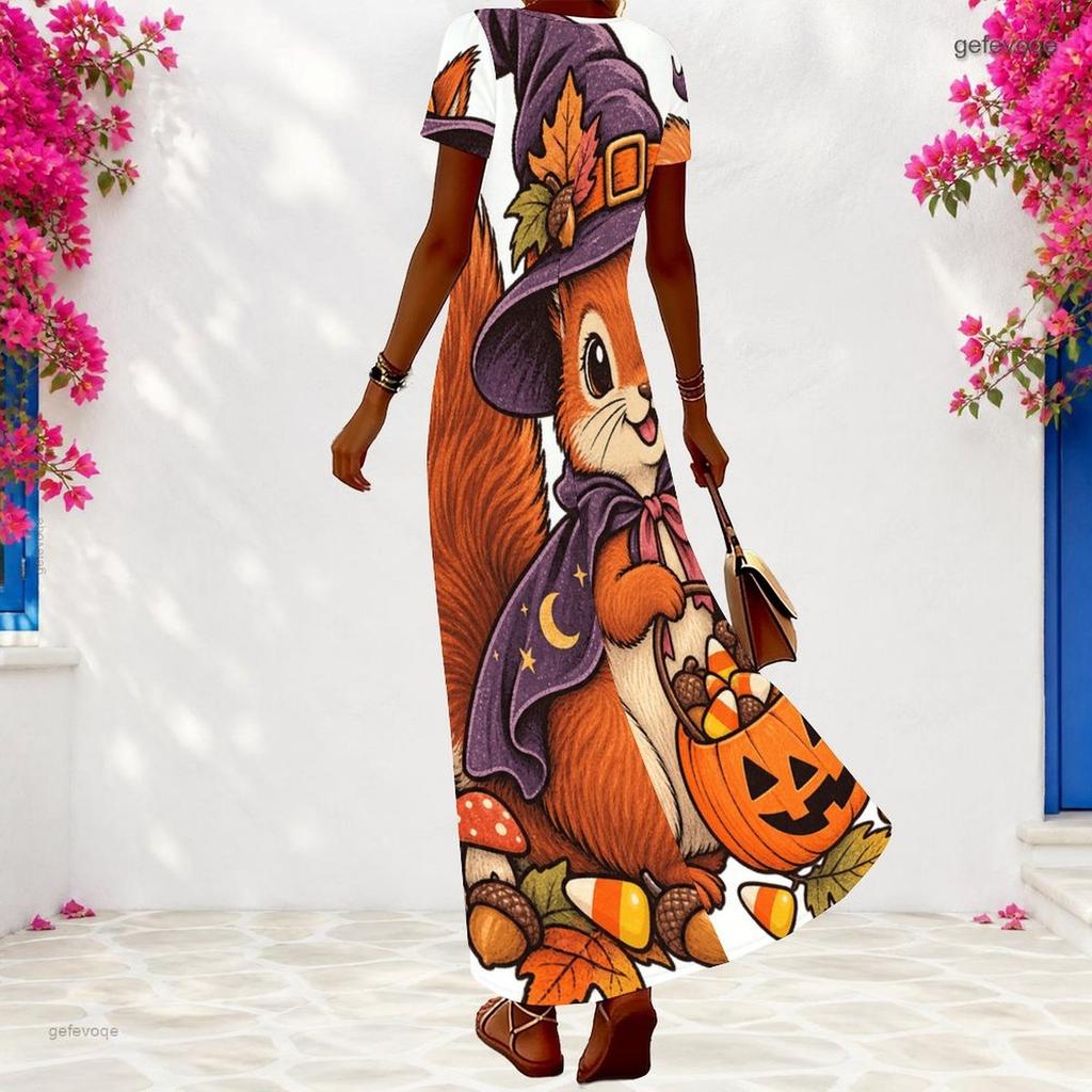 Women Plus Size V Neck Short Sleeve Colorful Printed Long Dress