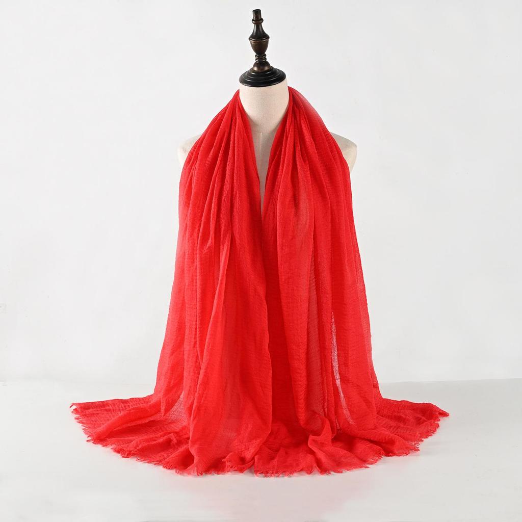 Crinkled Cotton-Linen Blend Scarf with Fringe - Solid Color, 90x180cm, Women's Headscarf