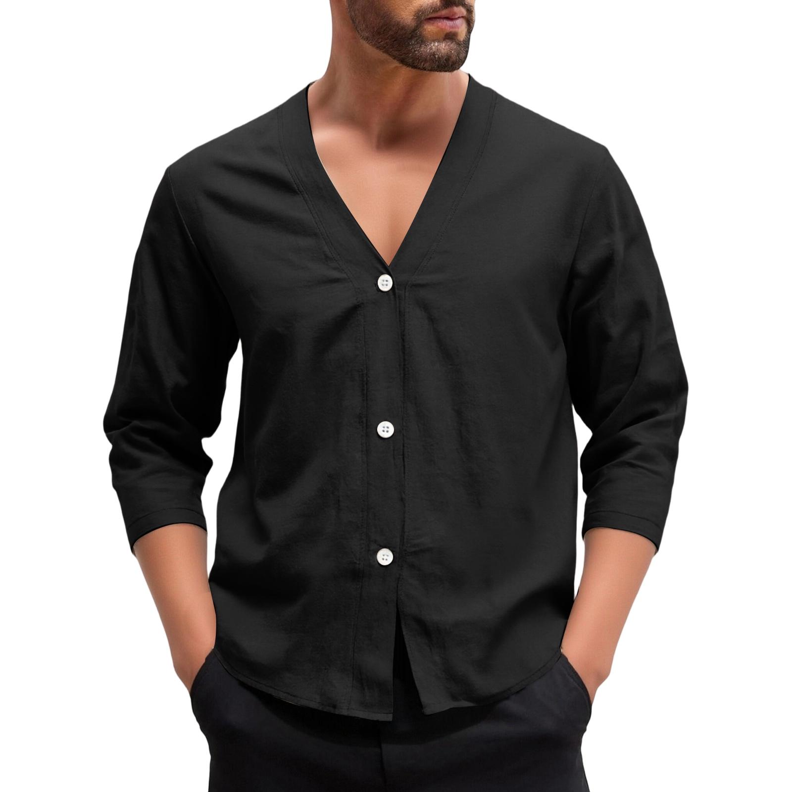 

Men s Casual ,color Linen V,neck Long,sleeved Button,down Cardigan M чорний