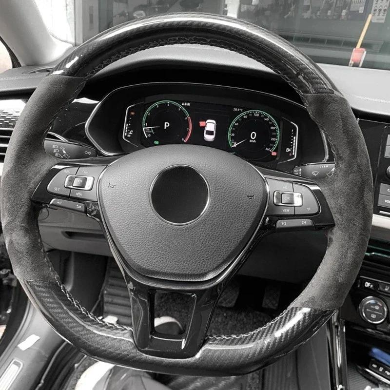 Handgenähte weiche schwarze Carbonfaser-Lenkradabdeckung aus schwarzem Wildleder für Volkswagen Golf 7 Mk7 Passat B8