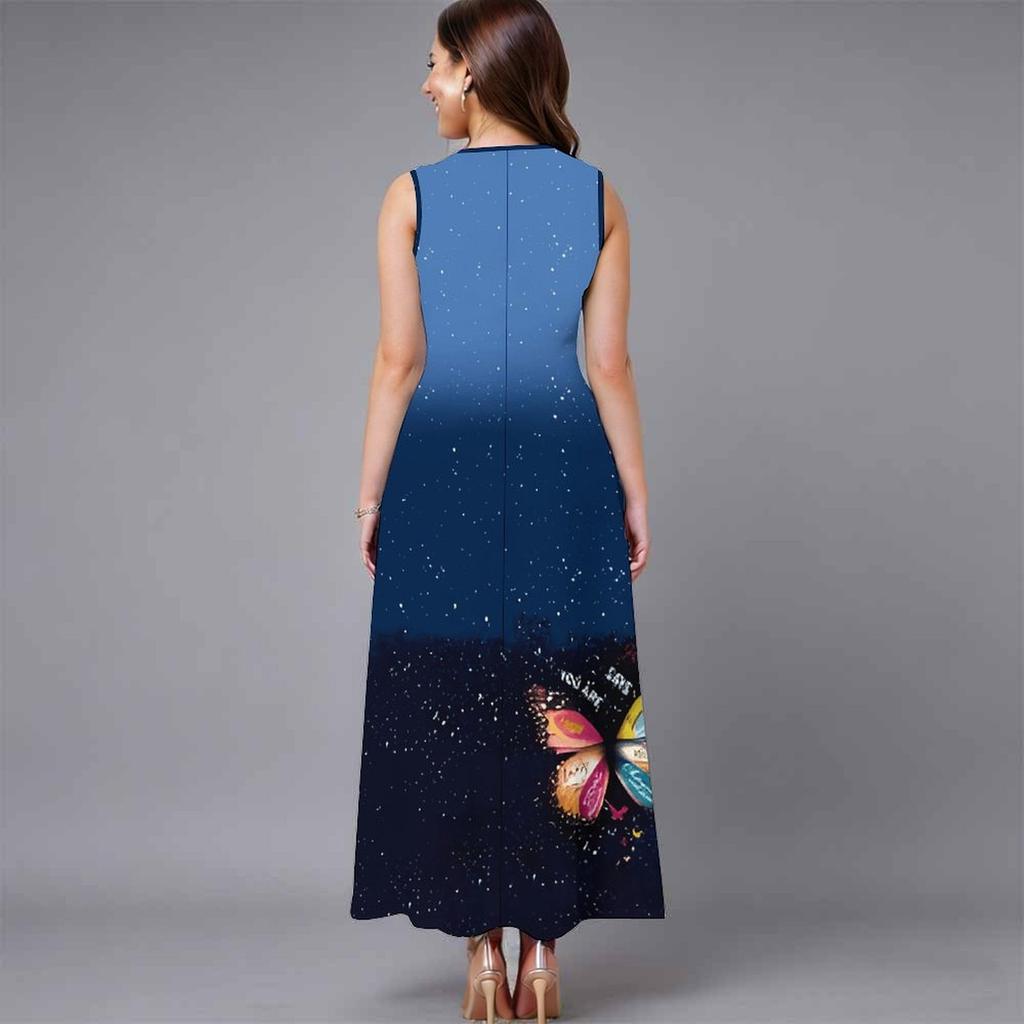 Women Loose Sleeveless Round Neck Dress Elegant Watercolor Floral Branches Calf Length Gown