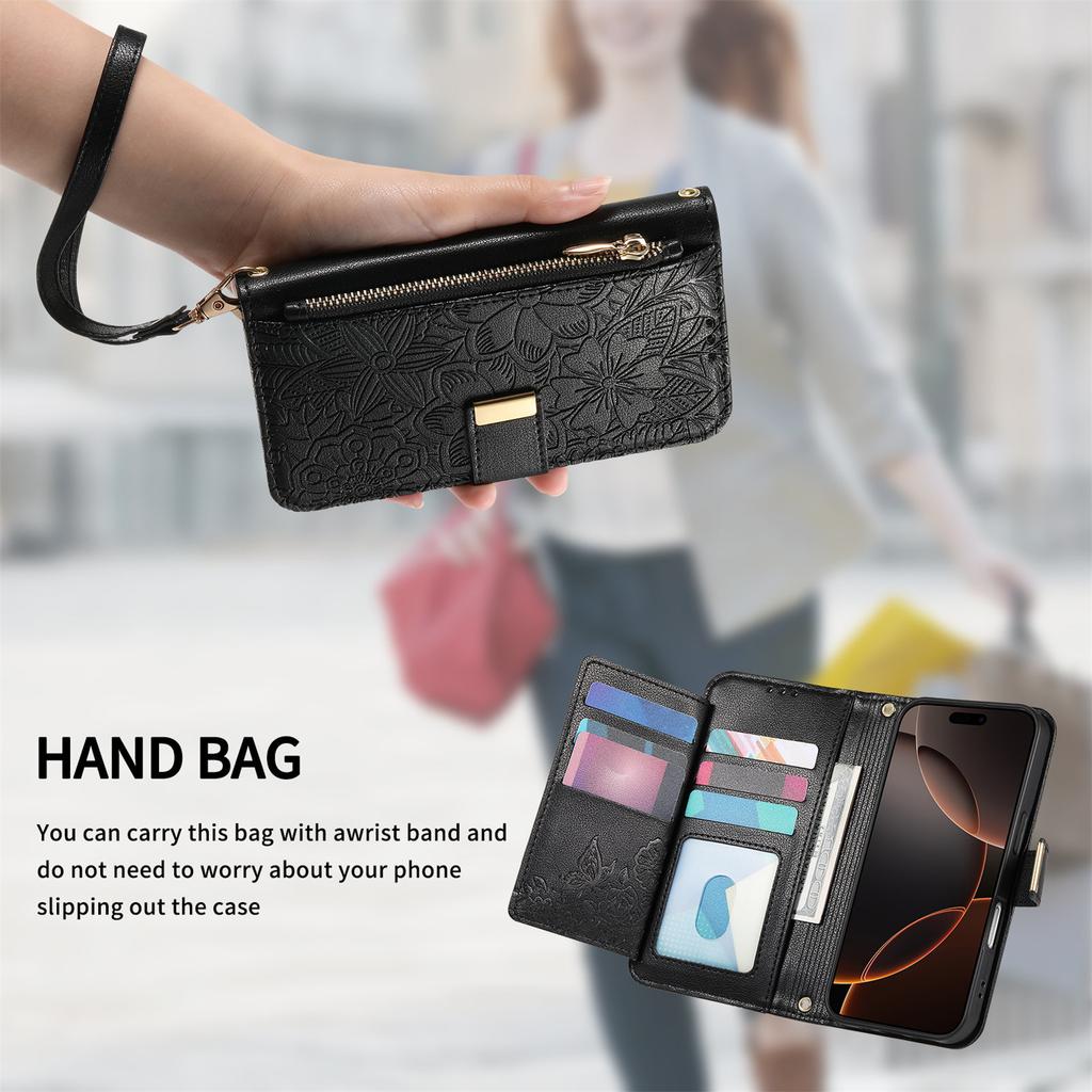 Floral Leather Wallet Case for iPhone 12-17 series.Vintage All-in-One Card Holder w/Stand, Magnetic Closure & Wrist Strap