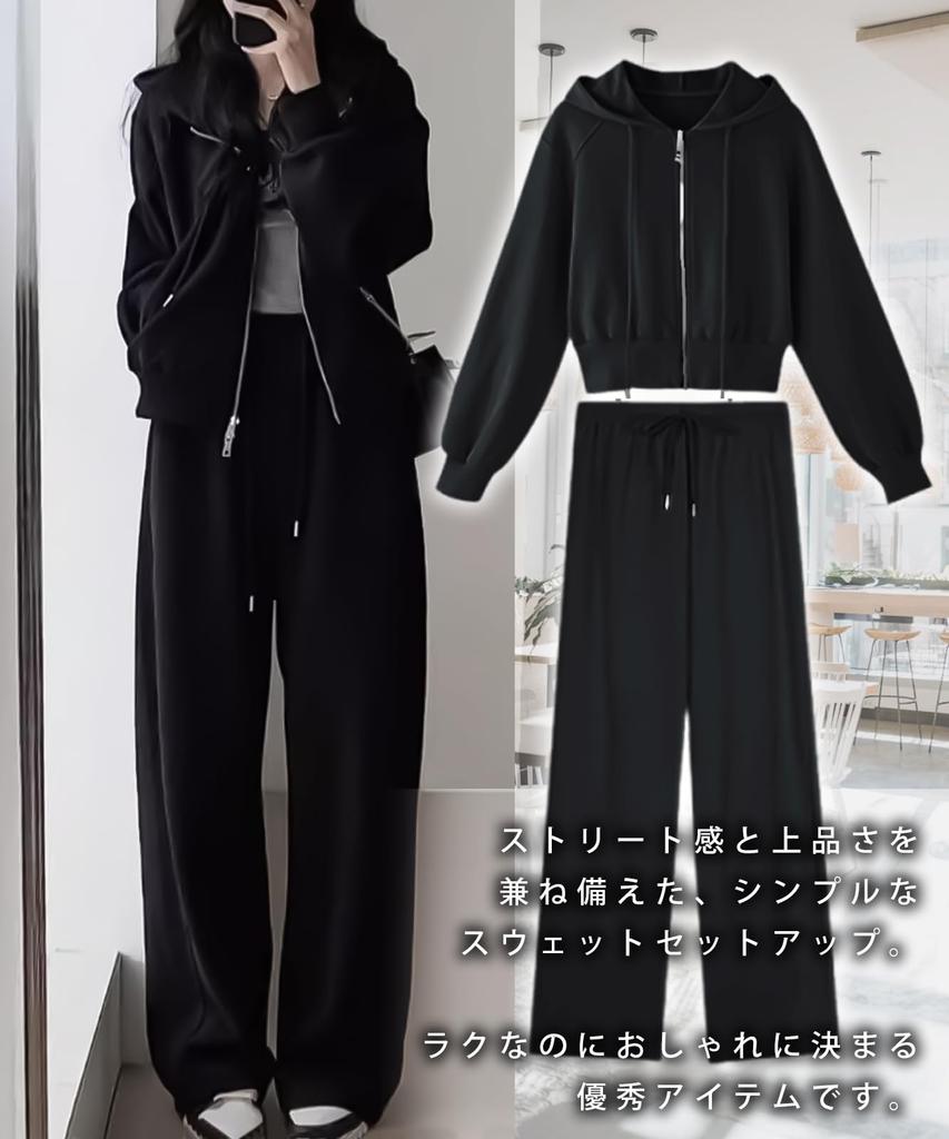 Hoodie and Sweatpants Korean J.STORE Women's 2-Piece Set, Sportswear, Camping, Style, Spring/Summer, Black, 5S-J04-BKM