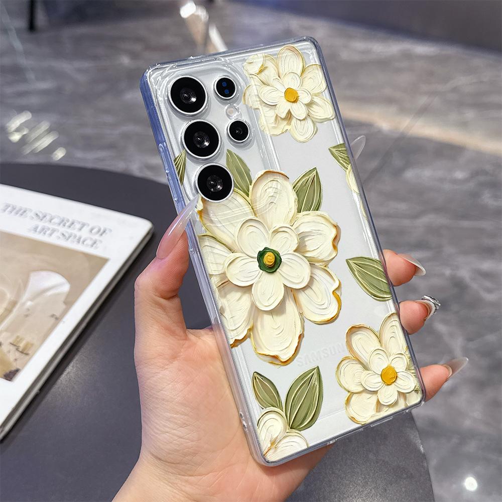 White Floral Oil Painting Case for Samsung Galaxy S26 S25 S24 S23 S22 S21 S20 FE Plus Soft TPU Slim Fit Shockproof Cover