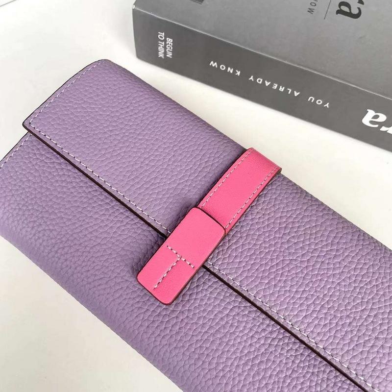 Yeni Hakiki Deri Kadın Cüzdanı Üst Kat Sığır Derisi Liçi Desenli İpli Kontrast Renkli Uzun Üç Katlı Çanta