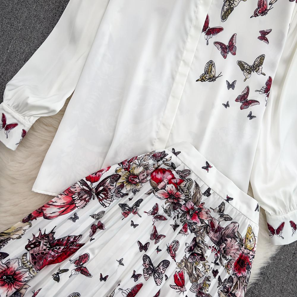 Fashion Suit Female European Station Temperament Long-Sleeved Printed Shirt Two-Piece High Waist Pleated Skirt Spring