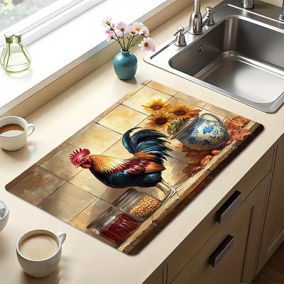 1Pcs Rubber Drying Mat With Feather Rooster Print For Coffee Shop Restaurant Kitchen Carpet Tableware Durable Diatom Mud Table Mat Pet Mat Coffeeware