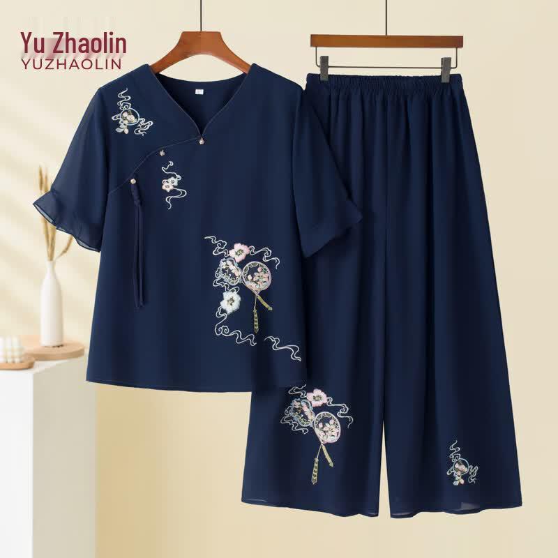 YUZHAOLIN New Chinese Style Embroidered Two-Piece Set for Middle-Aged Women 2XL
