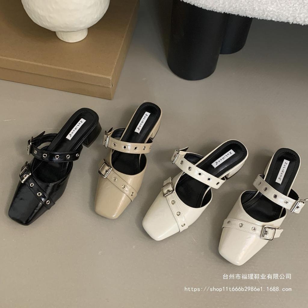 Design Sense Belt Buckle Bag Head Slippers Women's 2025 New Square Head Low Heel One Pedal Mueller Shoes Empty Half Drag