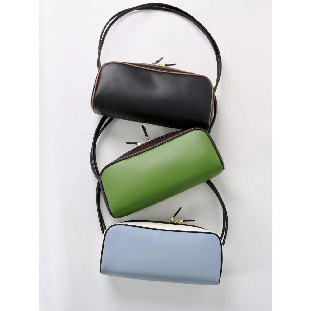 

2025 New Versatile Leather Handheld Bowling Bag For Women Super Hot Color Contrasting High Grade Single Shoulder Commuter Underarm Bag 27x9x11cm чорний/коричневий