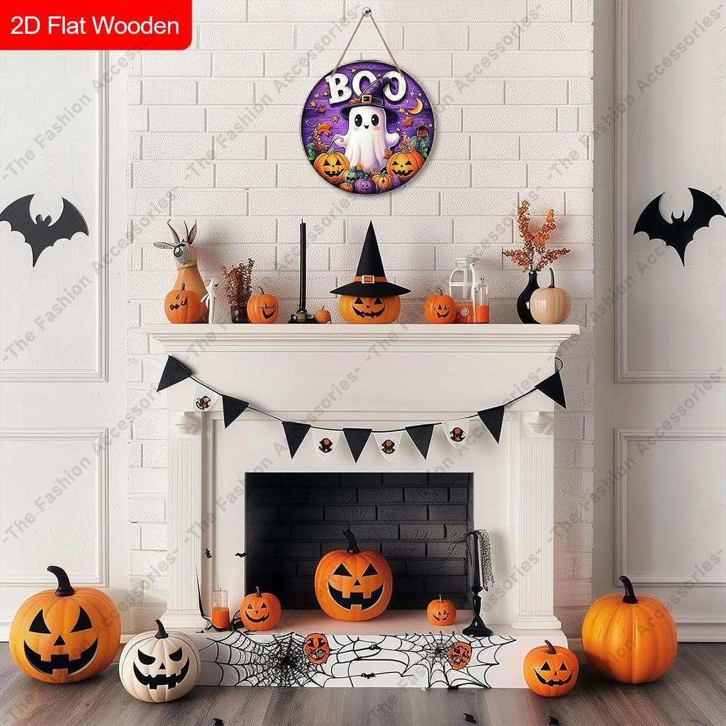 BOO Cute Ghost Witch Hat Pumpkin Round Wooden Hanging Sign, Halloween Front Door Porch Decor