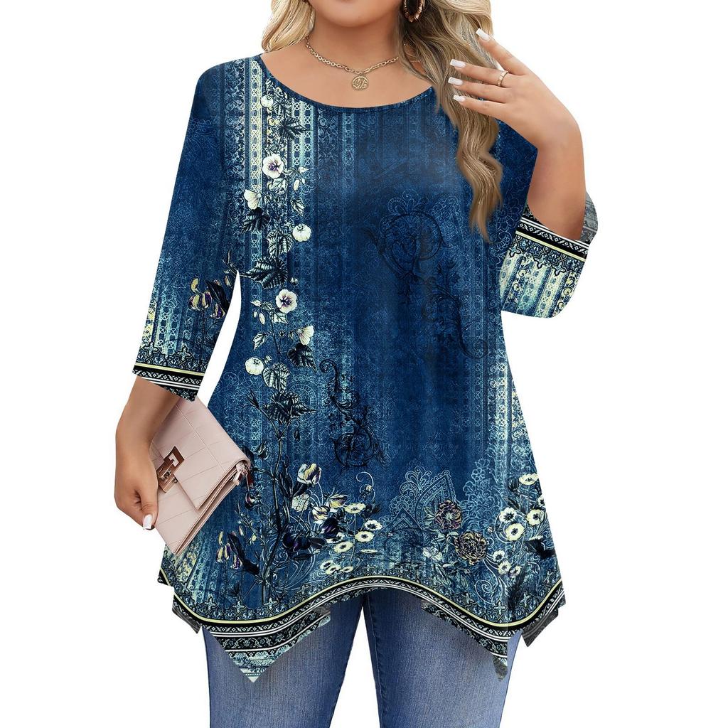 Womens Plus Size 3/4 Sleeve Shirts  Round Neck Tunic Tops Basic Loose Fit Tee Tops L-5XL