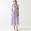 Vestido de Encaje Elegante Formal de Noche de Verano para Mujer Cuello con Muescas Hueco Estampado Floral Cinturón Vestidos de Fiesta Femeninos Largos Maxi