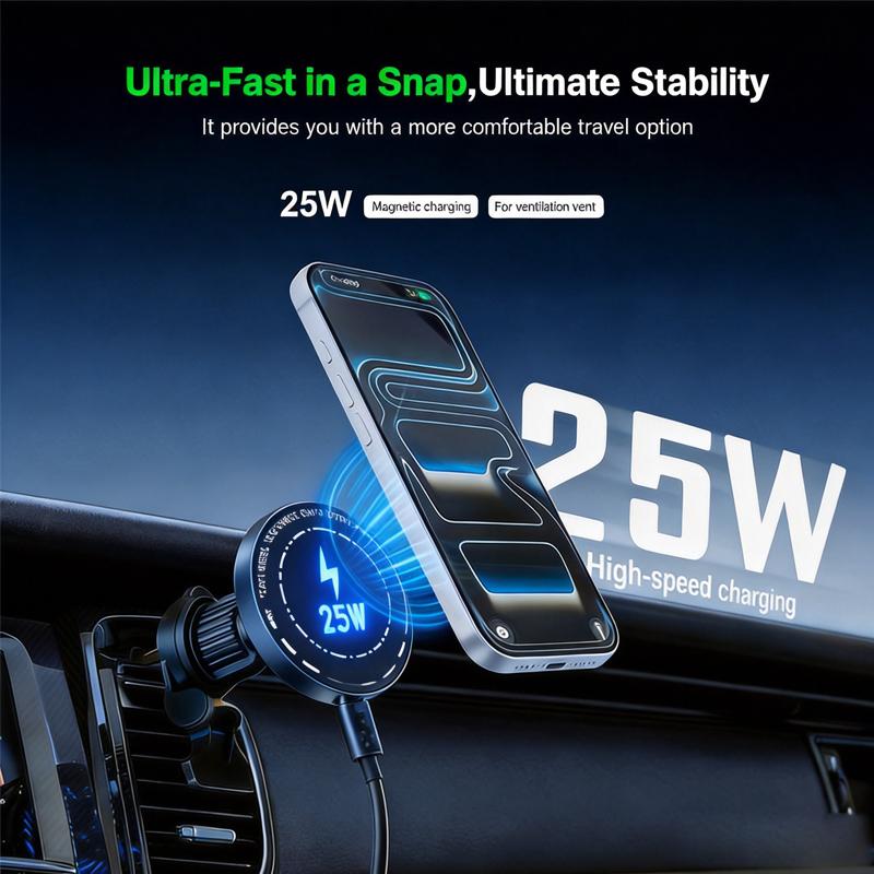 Powerful 25W 15W Wireless Magnetic Car Charger Magnet Air Vent Mount Holder for Rough Road Trips with Advanced Heat Dissipation