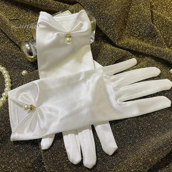 1 paio di guanti da sposa da sposa plissettati lisci in raso antiscivolo con decorazioni in perle finte elastiche di colore puro per ballo, banchetto, cocktail party, guanti da donna