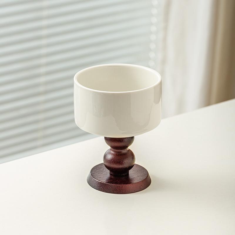 Retro Ceramic Cup with Wooden Stem: French Dessert, Ice Cream, Pudding, or Candle Holder