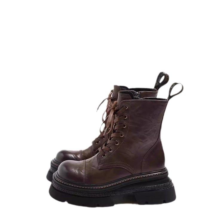 Soft leather version~ Super cool heightening 7cm thick-soled Martin boots for women's 2024 autumn models, polished and washed locomotive 