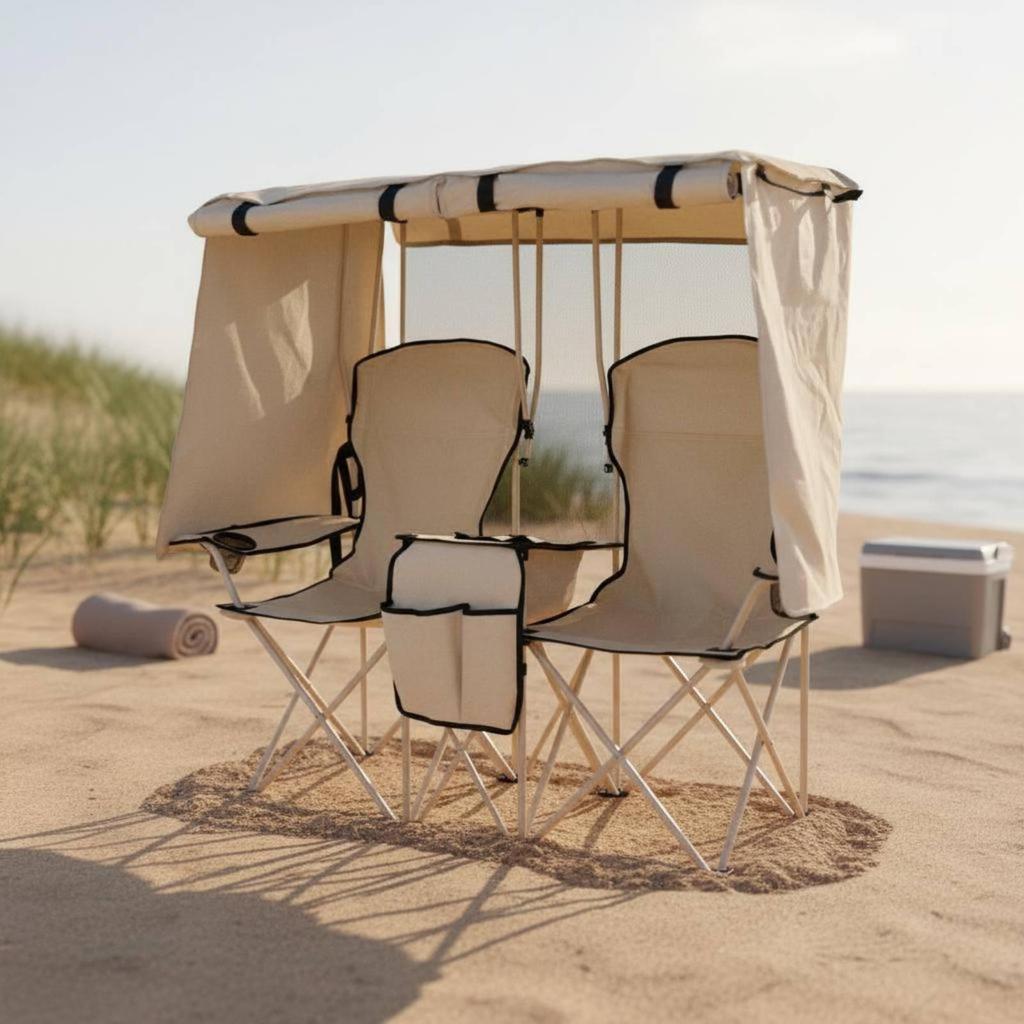 Folding Leisure Seat with Removable Canopy Double Camping Chair Beach