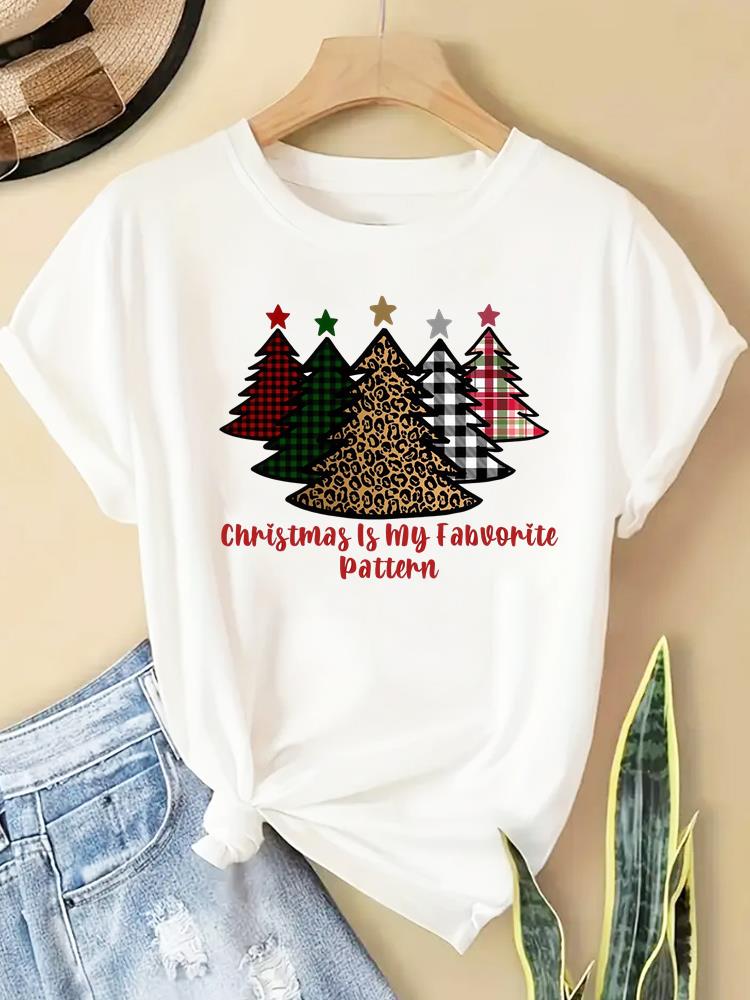 (Asian Size) watercolor letter new year T Clothing Short Sleeve T-shirts  Print merry Christmas o-neck Women's Top Fashion holiday Graphic Tee