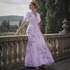 Women's V-Neck Floral Print Dress with Puff Sleeves and Button Detail