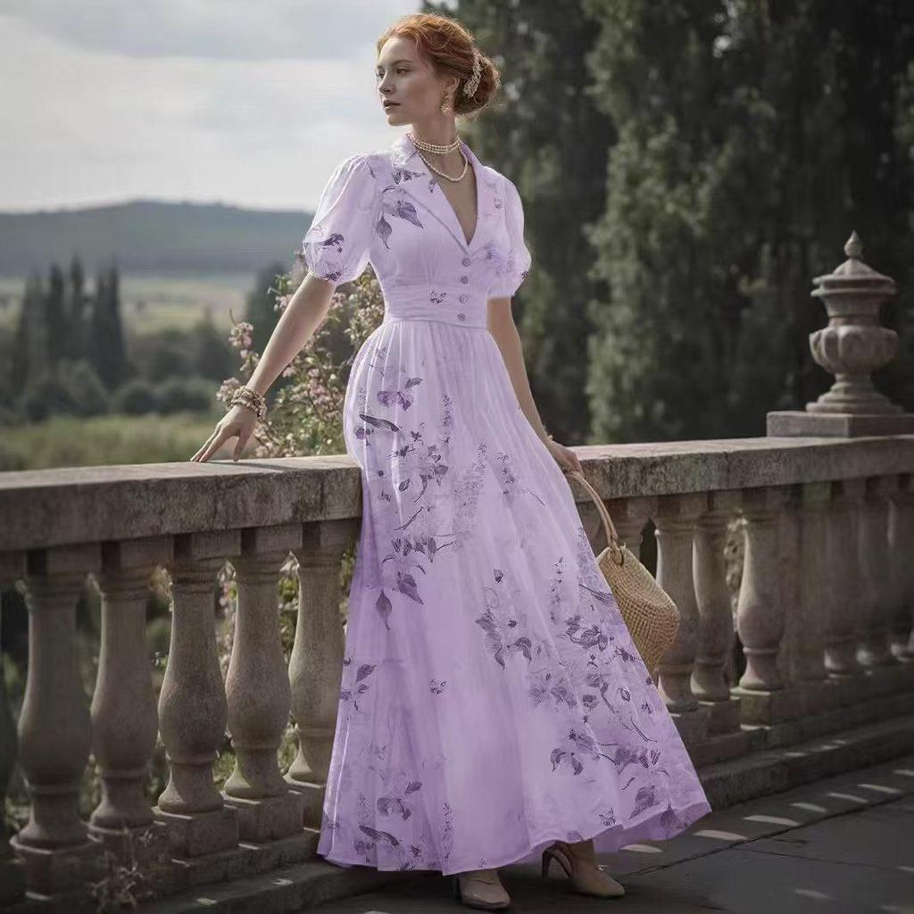 Women's V-Neck Floral Print Dress with Puff Sleeves and Button Detail