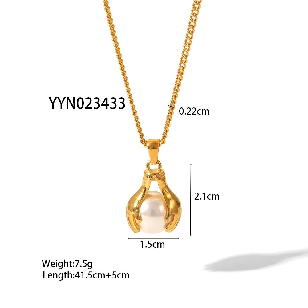 Gold Stainless Steel Pendant Necklace For Women Flower Pearl Charm Link Chain Choker