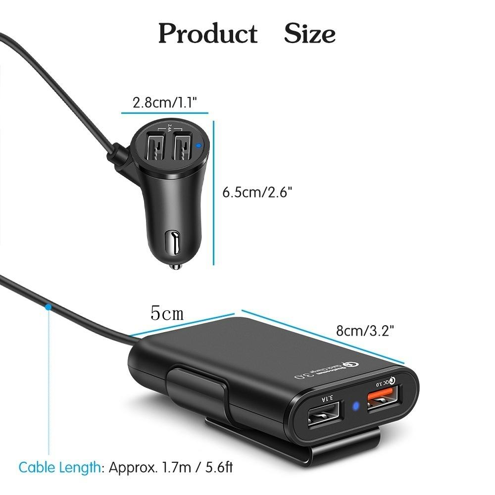 Univerzální 4 porty USB nabíječka do auta Přední sedadlo Zadní sedadlo QC3.0 Rychlé nabíjení USB adaptér pro nabíječku do auta USB Rychlá nabíječka