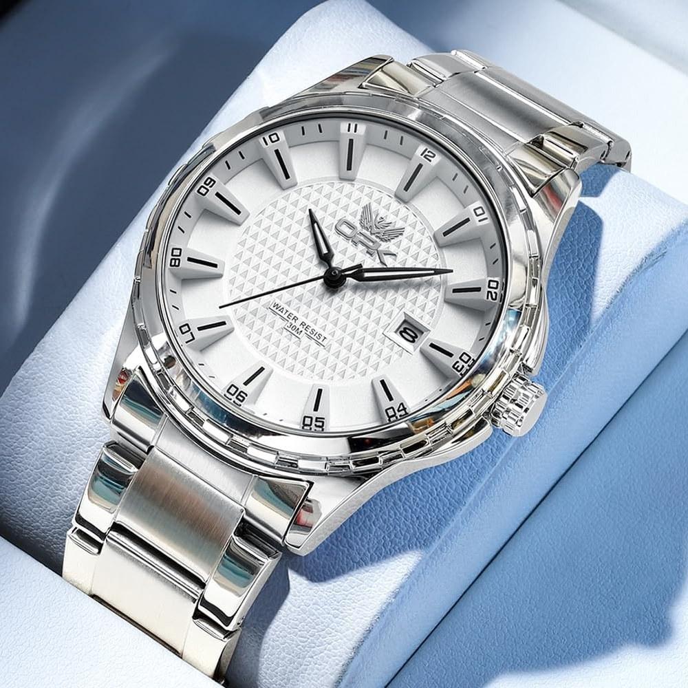 OPK Men's Quartz Wristwatch Silver Waterproof Stylish Classic Date Luminescent High School and Business Gift