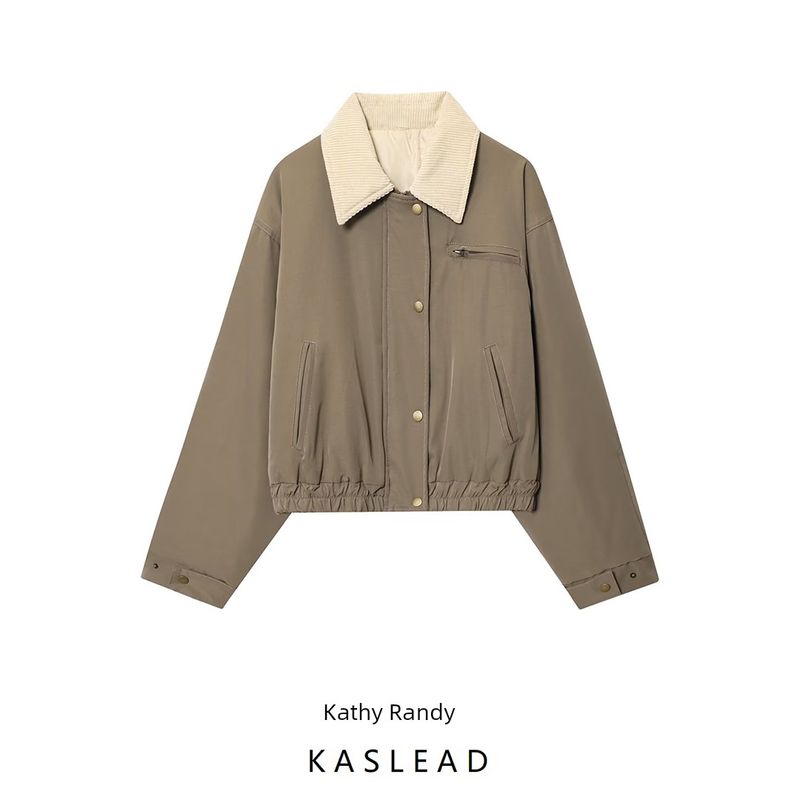 Kaslead New Women Clothes Western Style Fashion Lapel Patchwork Loose Cotton-Padded Coat Outerwear
