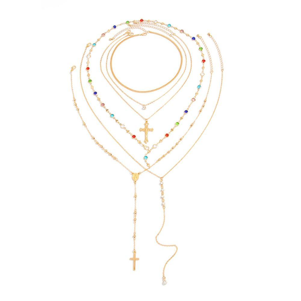 Y-Shaped Colorful Crystal Necklace Set Pearl Bohemian Style Necklace Fashion Gold Jewelry  Vacation