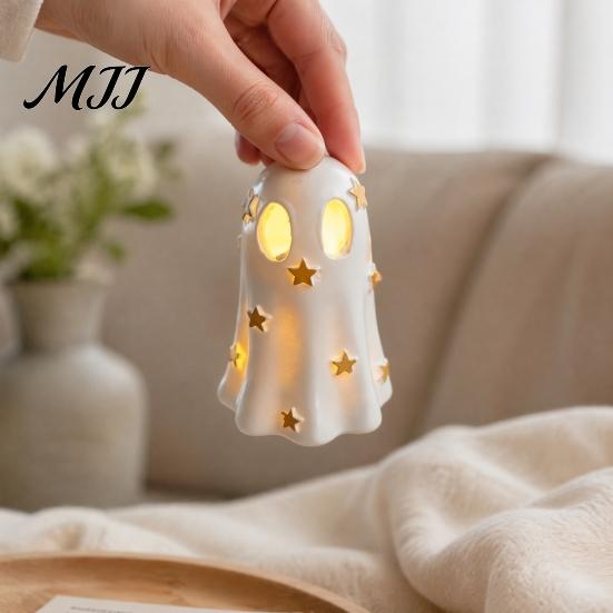 Small Night Light for Bedroom Halloween Ghost Decoration, Cute Up Figurine, Spooky Resin Gift Birthday Statue with LED Shelf Mantel Indoor Home Decor