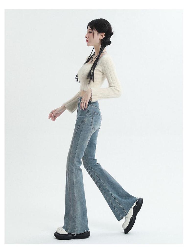 Women's High Waist Vintage Micro-Flare Jeans - Elastic, Raw Hem, Double Button, Retro Bell Bottom.