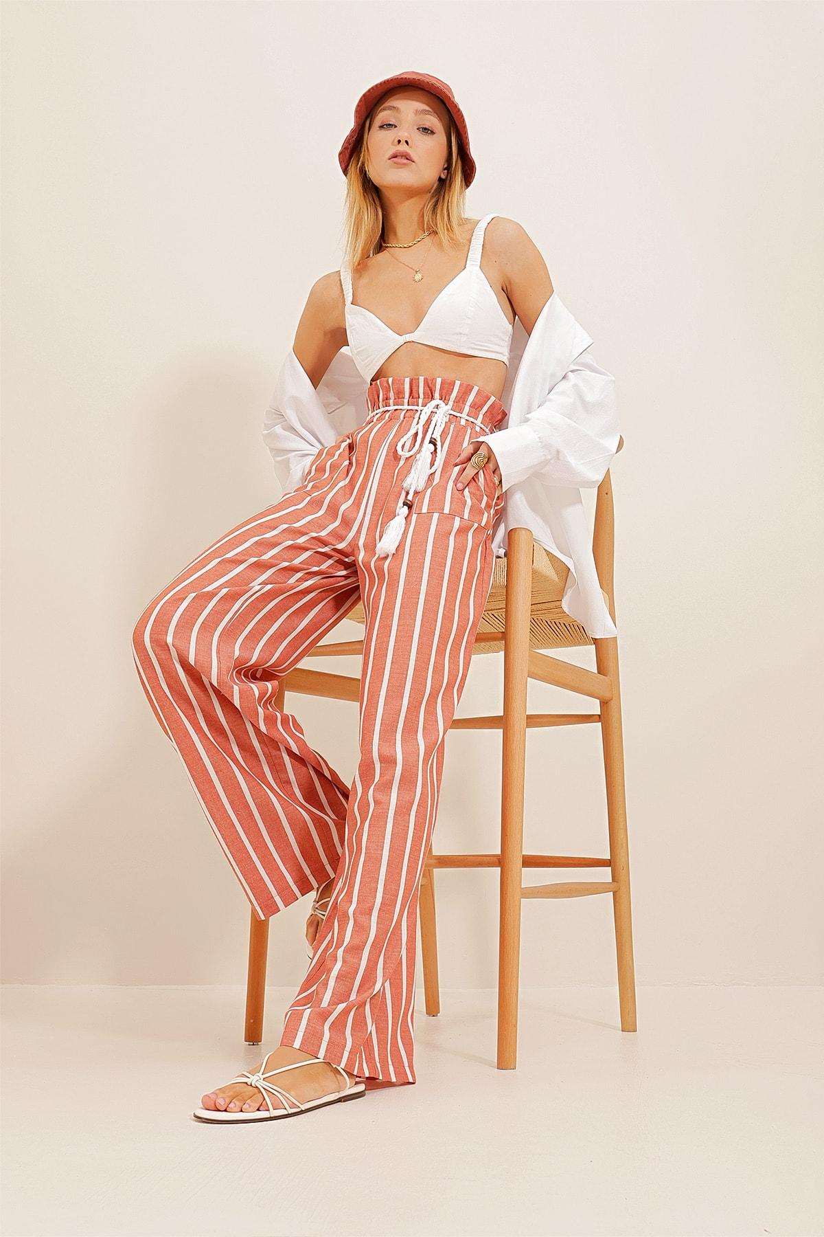 

Женские брюки, новый сезон, модные льняные брюки в полоску с высокой талией и поясом