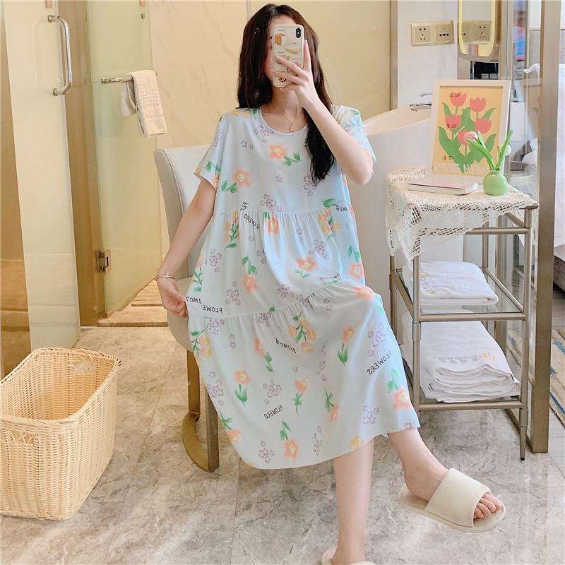 Cotton and silk nightgown women's spring and autumn casual short-sleeved large-size printed pajamas summer thin high-end cotton loungewear