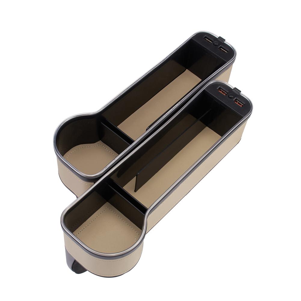 2PCS 3 In 1 Storage Box Set Front Seat Gap Filler Slip Organizer with Twin USB Car Charger Drink Cup Holder Ambient Lights