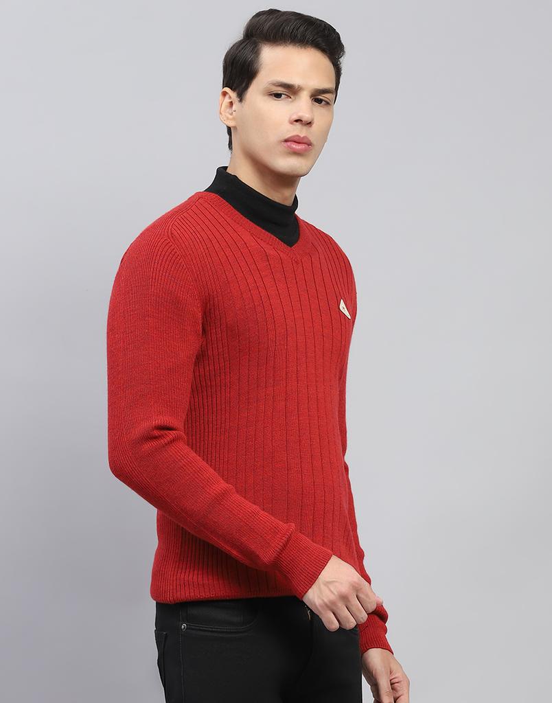 MONTE CARLO Mens Maroon Solid V Neck Full Sleeve Pullover