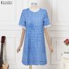 ZANZEA Women Casual Round Neck Short Sleeve Print Dress